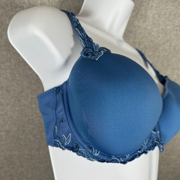 Simone Perele 34 Bra Underwired Blue Smooth Floral Mesh Bow Adjustable Straps - Picture 5 of 10